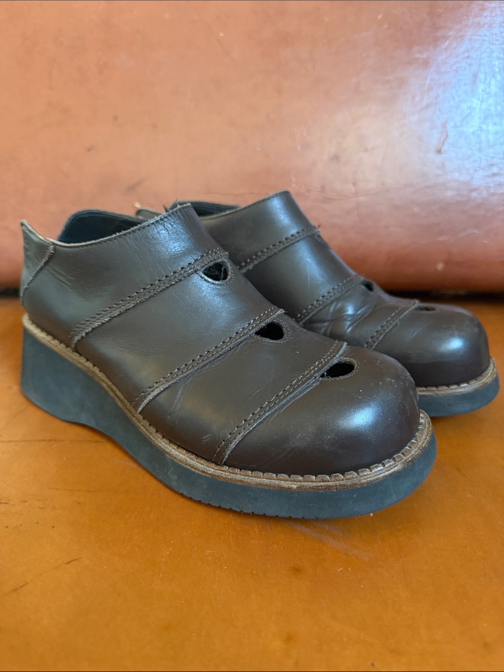 Dark Brown Leather Platform Clog Shoes